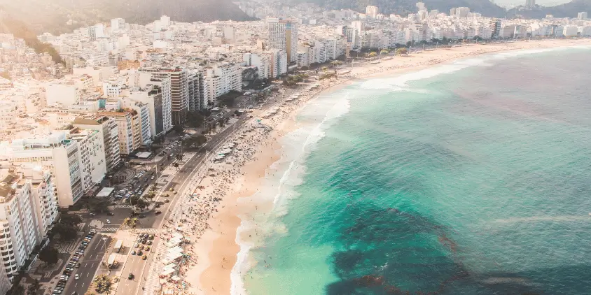imagem panorâmica da praia de Copacabana , mostrando a beira do mar e muitos prédios.