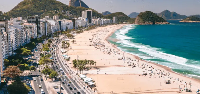 Imagem panorâmica da praia de Copacabana e avenida Atlântica.