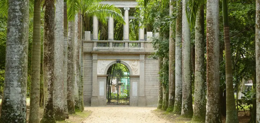 Imagem do portão de entrada do Jardim Botânico, com palmeiras nas laterais