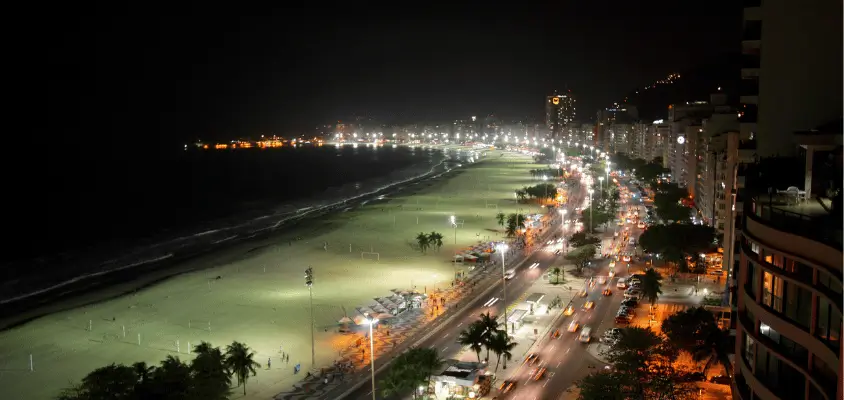 Imagem aérea da orla de Copacabana iluminada a noite